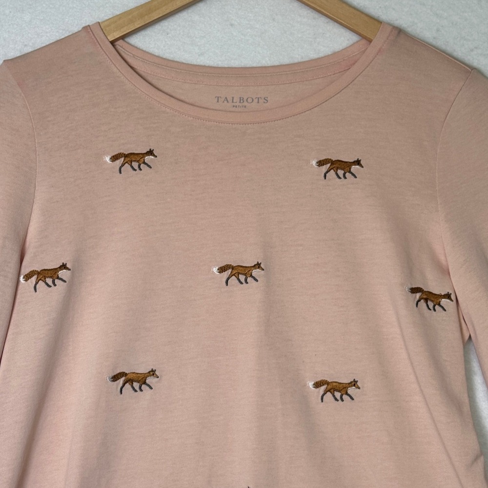Talbots Womens Shirt Petite S Pink Fox Embroidered Long Sleeve Cotton Tee Casual